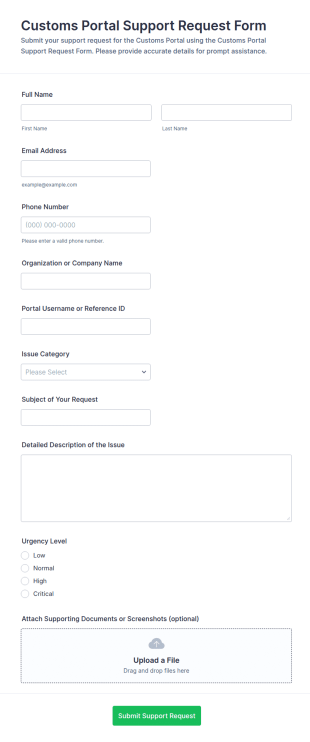 Customs Portal Support Request Form Template