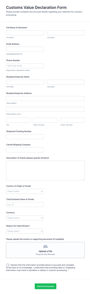 Customs Value Declaration Form Template
