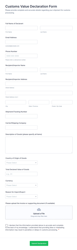 Customs Value Declaration Form Template