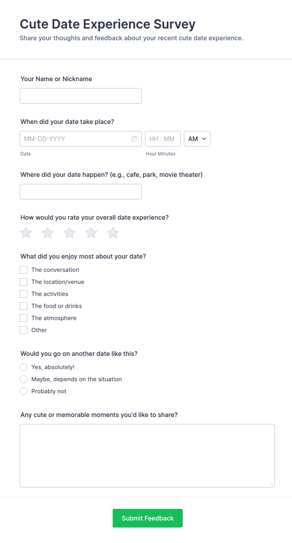 Questionnaire Example Cute Cute Date Experience Survey Form Template | Jotform