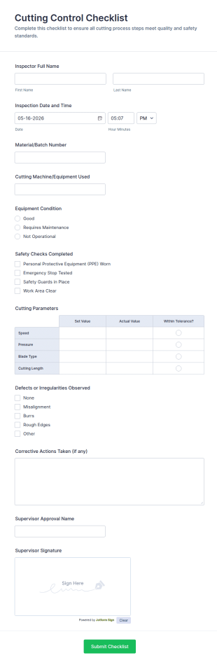 Cutting Control Checklist Form Template