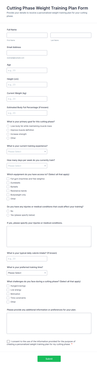 Cutting Phase Weight Training Plan Form Template