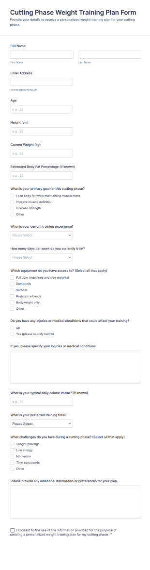 Cutting Phase Weight Training Plan Form Template