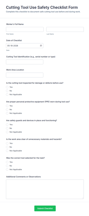 Cutting Tool Use Safety Checklist Form Template
