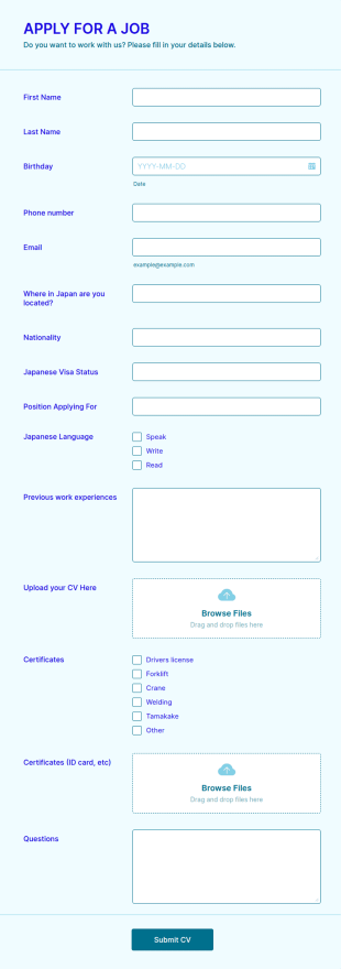 CV Application Form Template