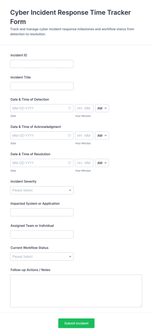 Cyber Incident Response Time Tracker Form Template