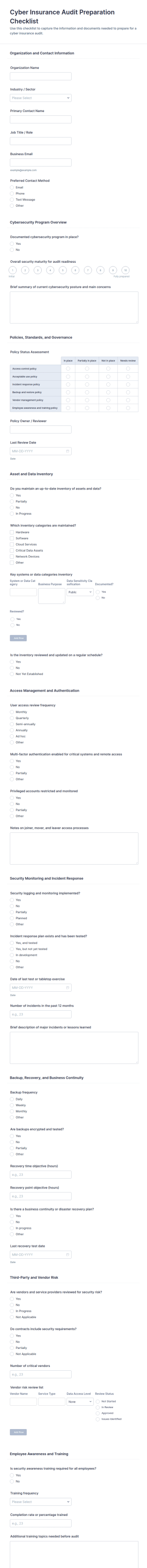Cyber Insurance Audit Preparation Checklist Form Template