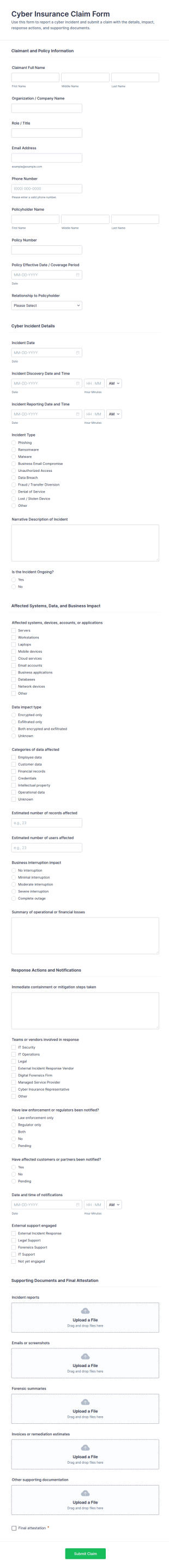Cyber Insurance Claim Form Template