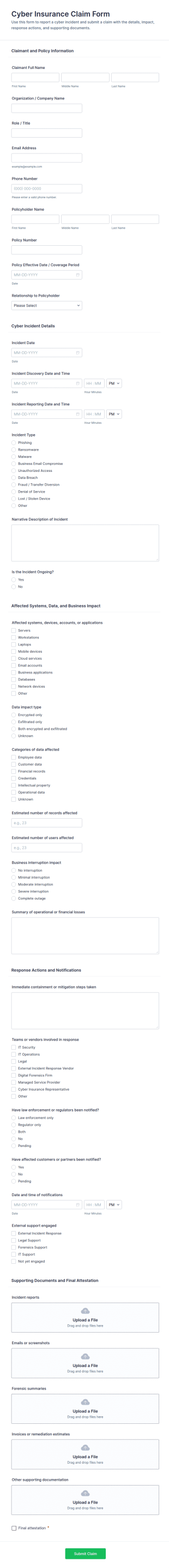 Cyber Insurance Claim Form Template