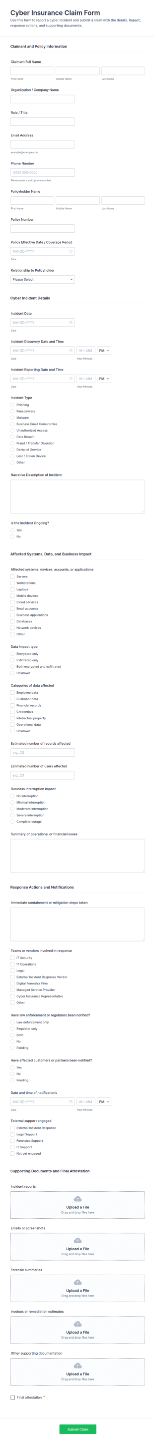 Cyber Insurance Claim Form Template