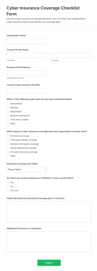 Cyber Insurance Coverage Checklist Form Template