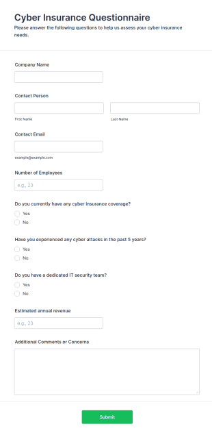 Cyber Insurance Questionnaire Form Template