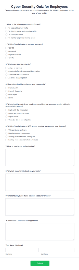 Cyber Security Quiz For Employees Form Template