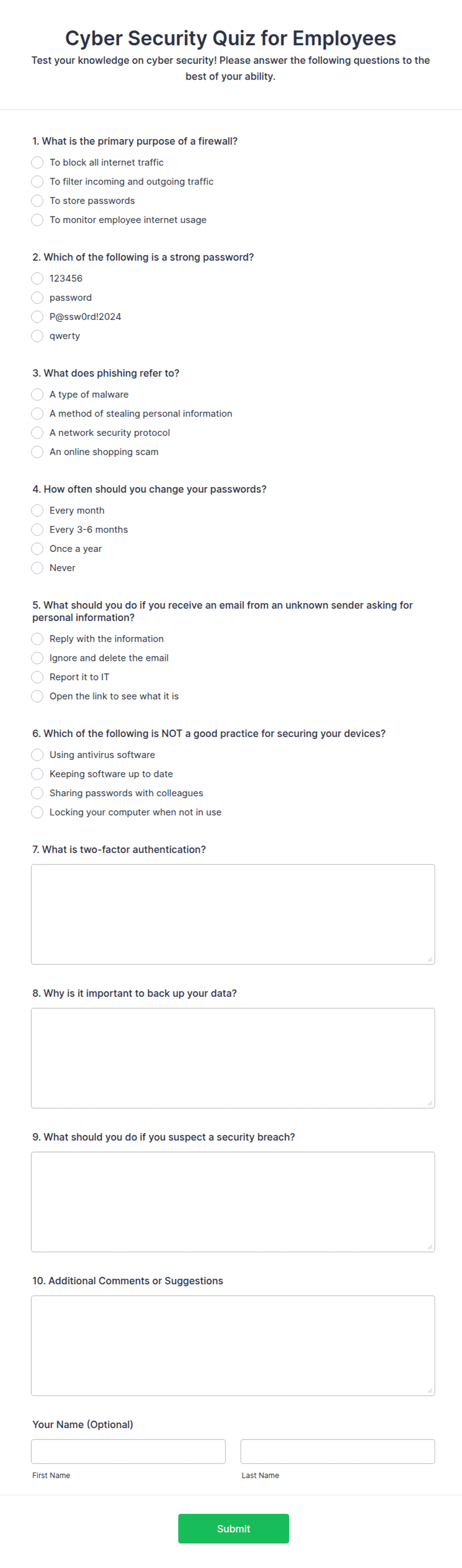 Cyber Security Questionnaire.pdf Cyber Security Quiz for Employees Form Template | Jotform