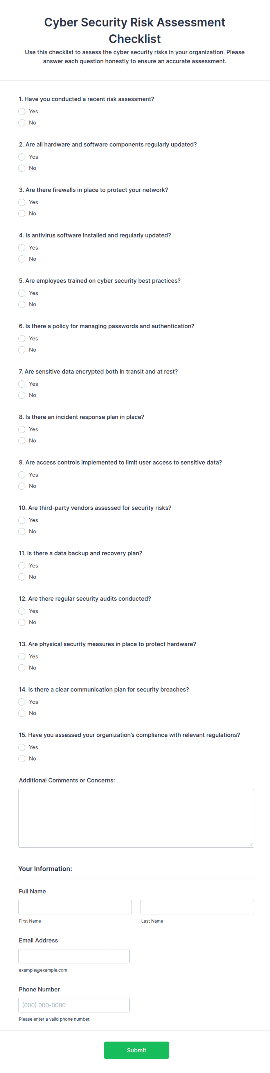 Wireless Risk Assessment Checklist Cyber Security Risk Assessment Checklist Form Template | Jotform