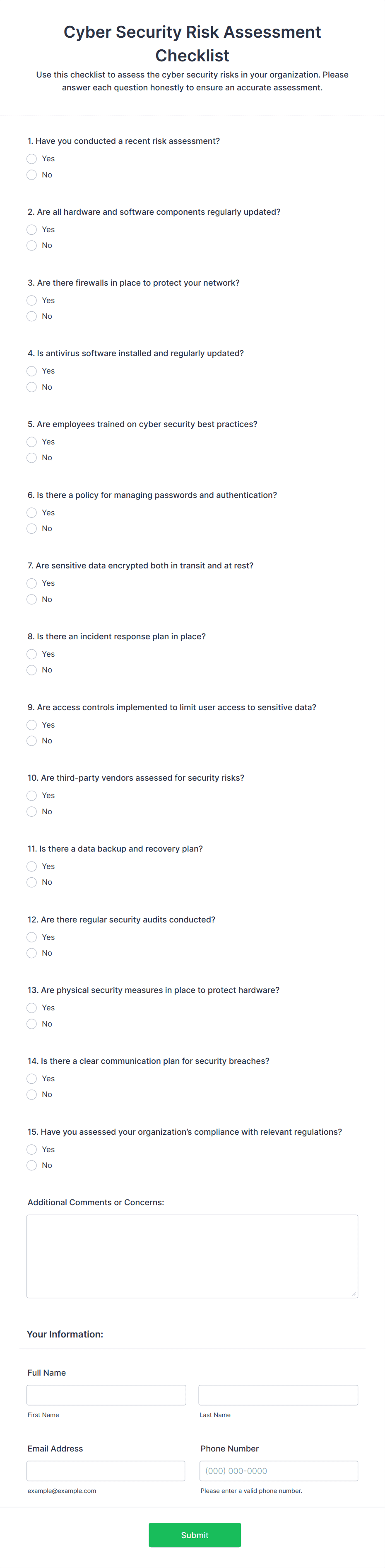 Cyber Security Risk Assessment Checklist Form Template | Jotform