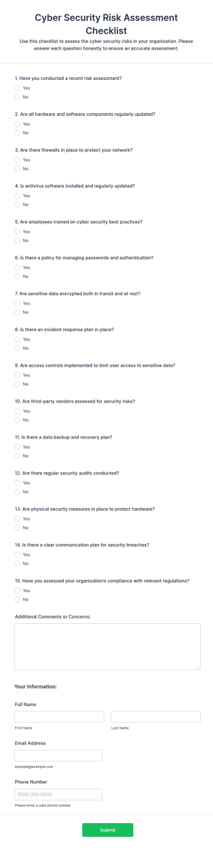 Cyber Security Risk Assessment Checklist Form Template