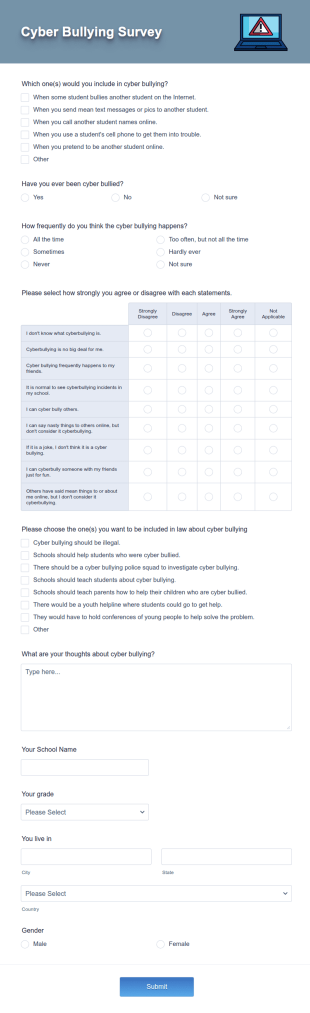 Cyberbullying And Online Aggression Survey Form Template
