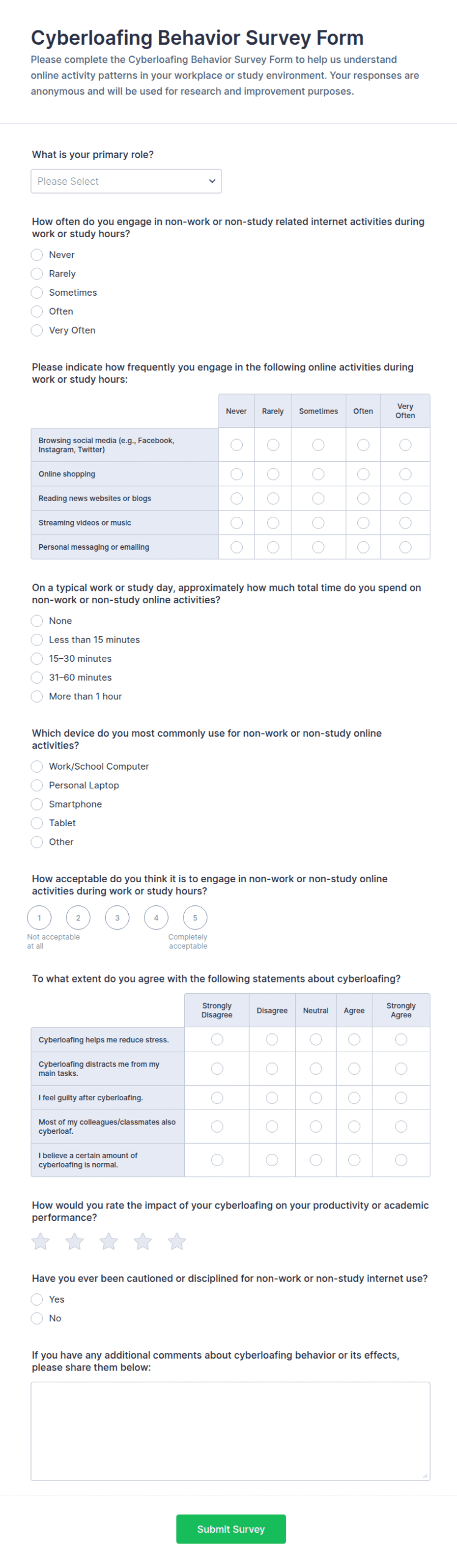 Cyberloafing Behavior Survey Form Template | Jotform