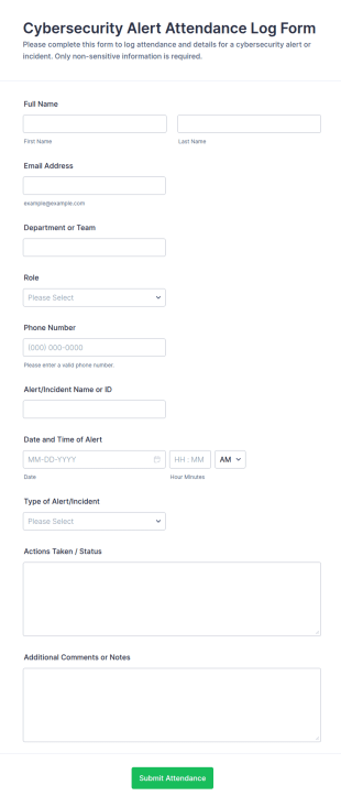Cybersecurity Alert Attendance Log Form Template