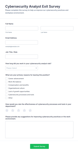 Cybersecurity Analyst Exit Survey Form Template