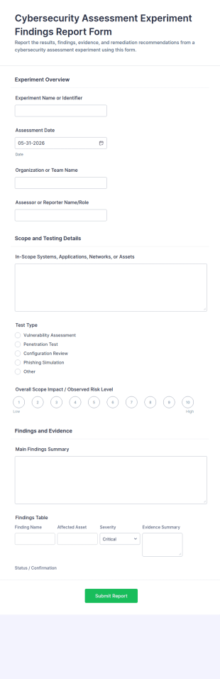 Cybersecurity Assessment Experiment Findings Report Form Template