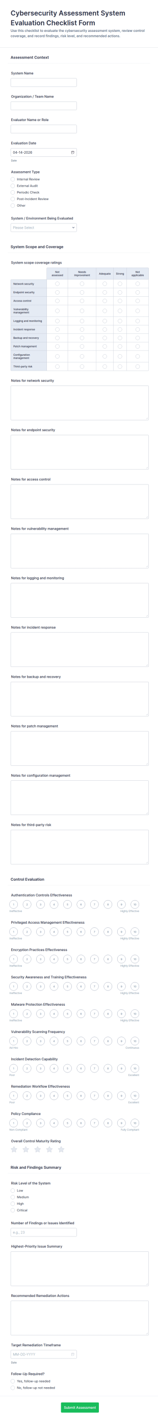 Cybersecurity Assessment System Evaluation Checklist Form Template