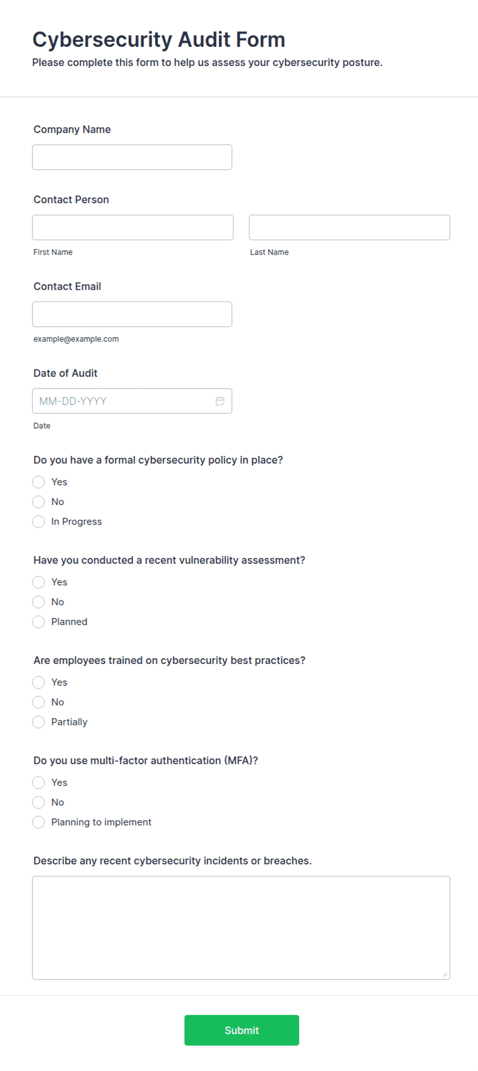 Cybersecurity Questionnaire Cybersecurity Audit Form Template | Jotform
