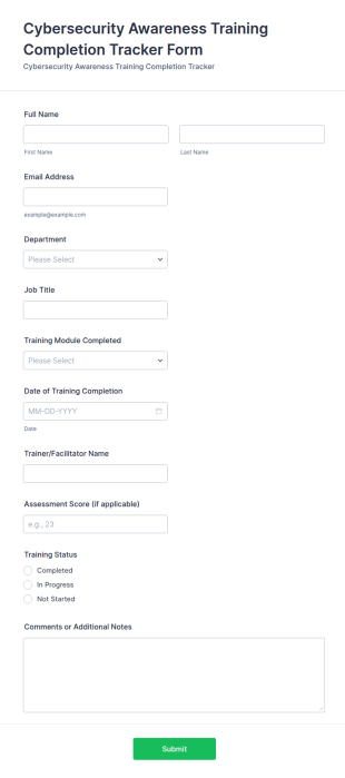 Cybersecurity Awareness Training Completion Tracker Form Template