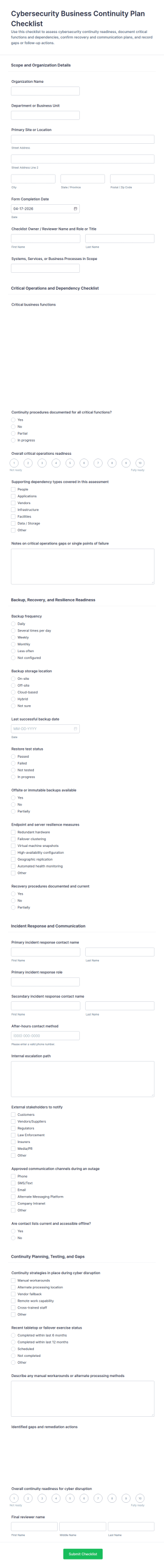 Cybersecurity Business Continuity Plan Checklist Form Template