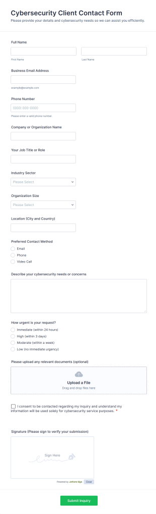 Cybersecurity Client Contact Form Template