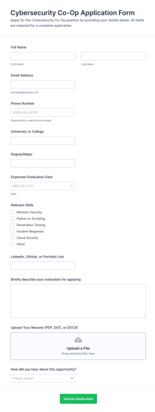 Cybersecurity Co Op Application Form Template