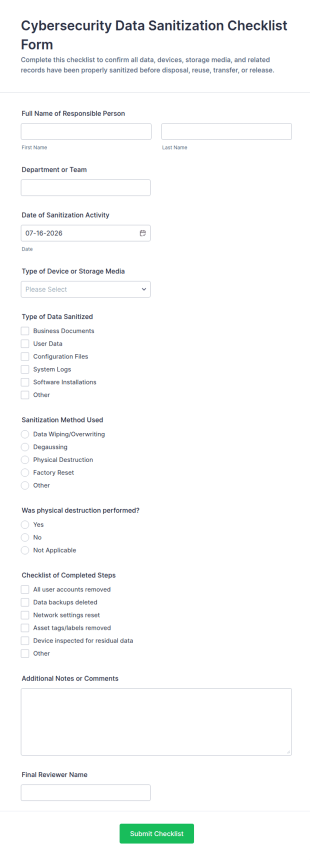 Cybersecurity Data Sanitization Checklist Form Template