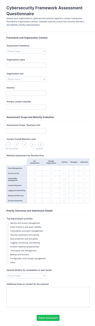 Cybersecurity Framework Assessment Questionnaire Form Template