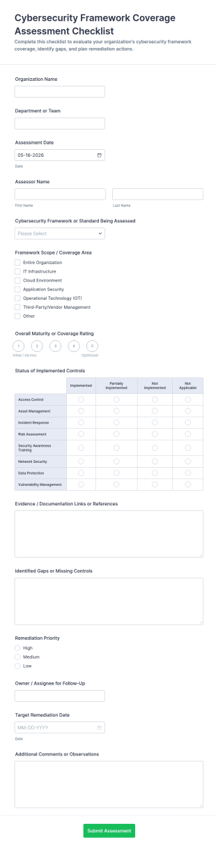 Cybersecurity Framework Coverage Assessment Checklist Form Template
