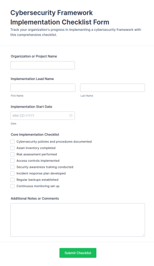 Cybersecurity Framework Implementation Checklist Form Template