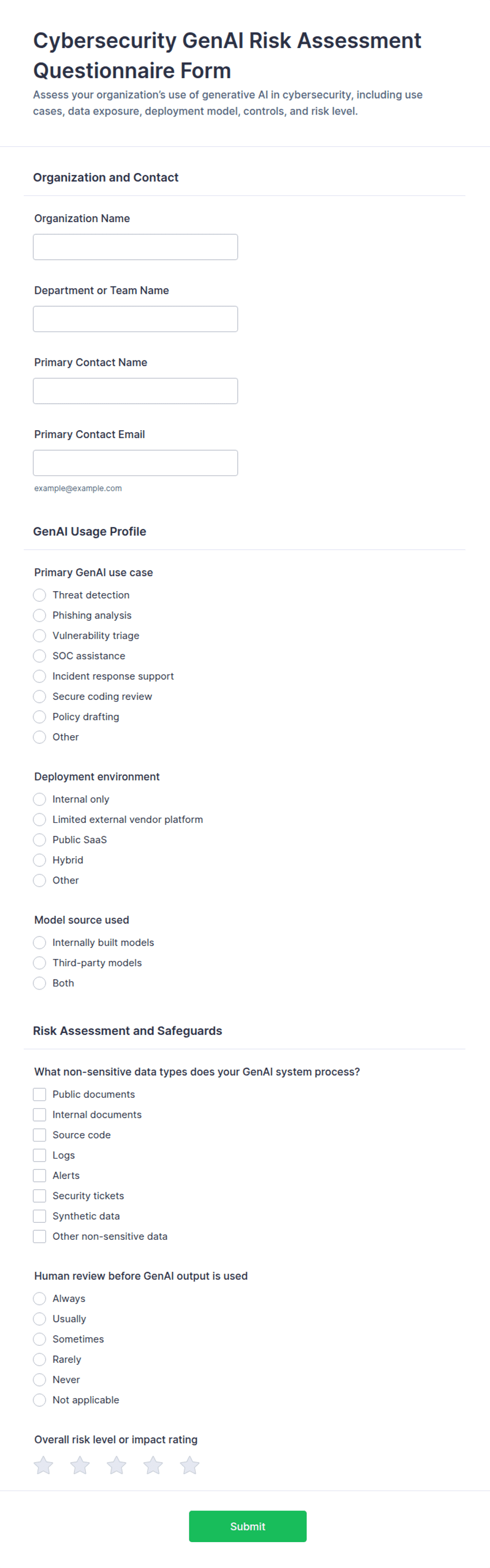 Cybersecurity GenAI Risk Assessment Questionnaire Form Template | Jotform