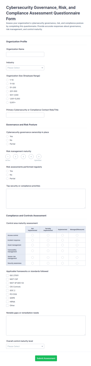 Cybersecurity Governance, Risk, And Compliance Assessment Questionnaire Form Template