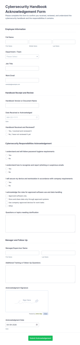 Cybersecurity Handbook Acknowledgement Form Template