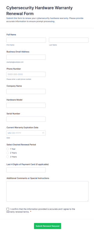 Cybersecurity Hardware Warranty Renewal Form Template