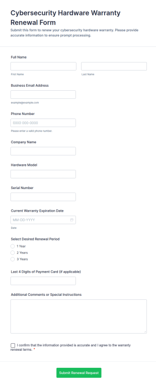 Cybersecurity Hardware Warranty Renewal Form Template
