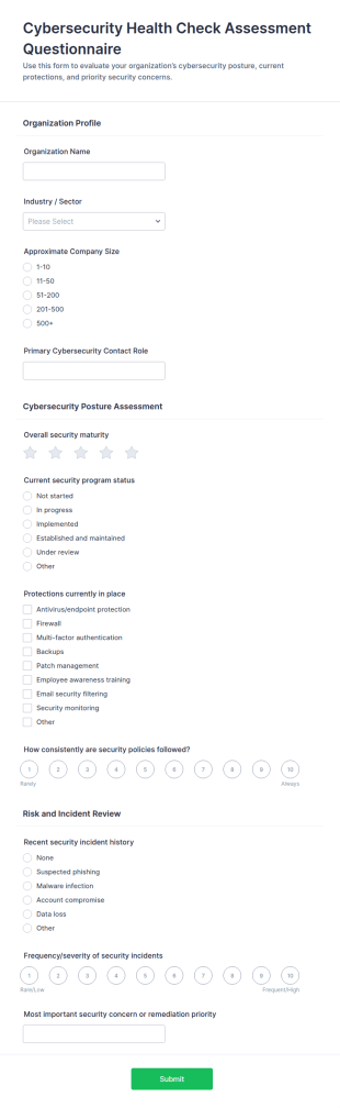 Cybersecurity Health Check Assessment Questionnaire Form Template