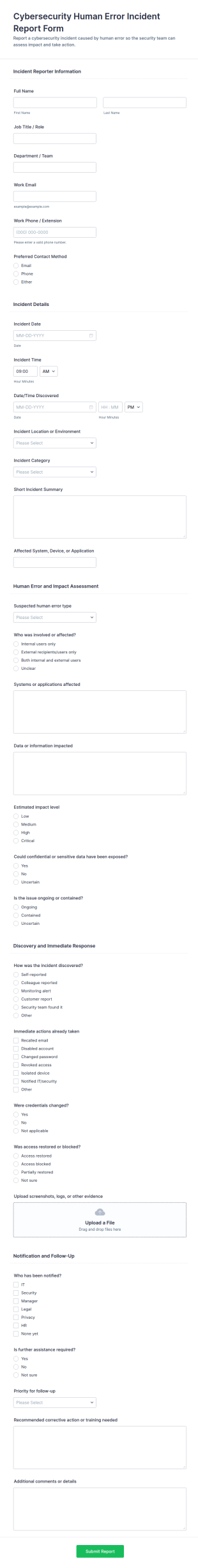 Cybersecurity Human Error Incident Report Form Template