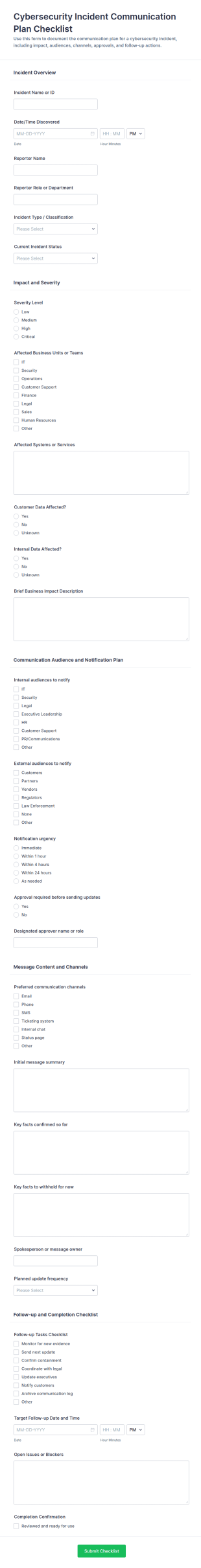 Cybersecurity Incident Communication Plan Checklist Form Template