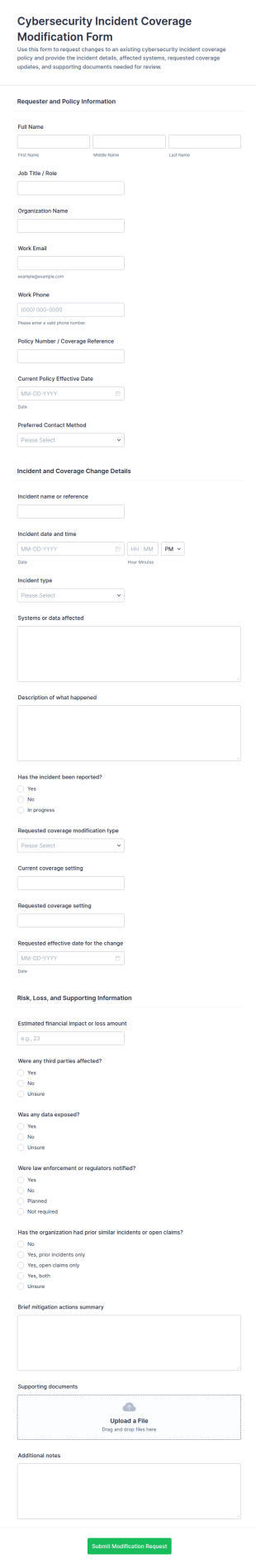 Cybersecurity Incident Coverage Modification Form Template