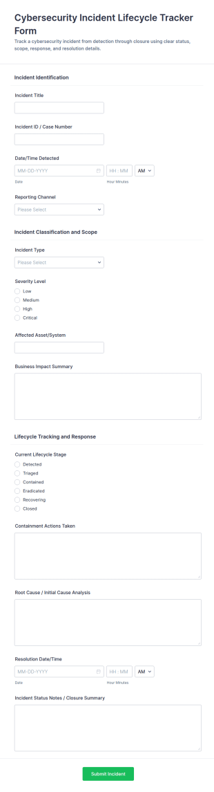 Cybersecurity Incident Lifecycle Tracker Form Template
