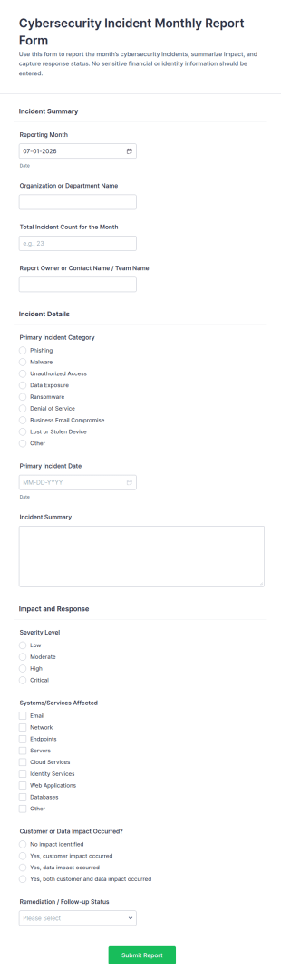 Cybersecurity Incident Monthly Report Form Template