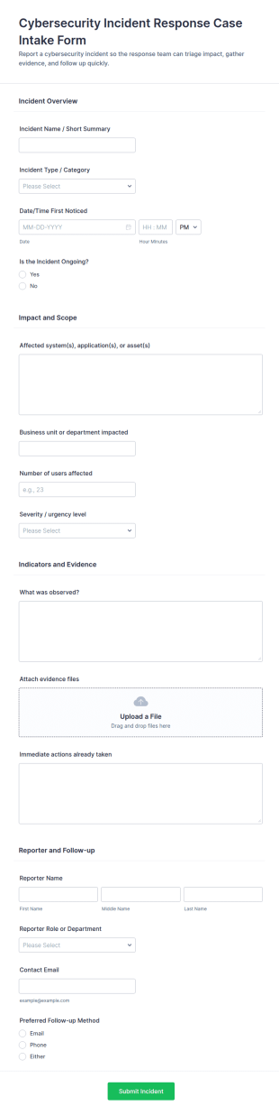 Cybersecurity Incident Response Case Intake Form Template