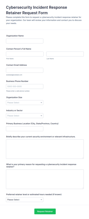 Cybersecurity Incident Response Retainer Request Form Template