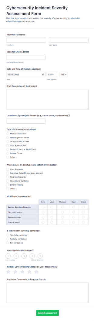 Cybersecurity Incident Severity Assessment Form Template